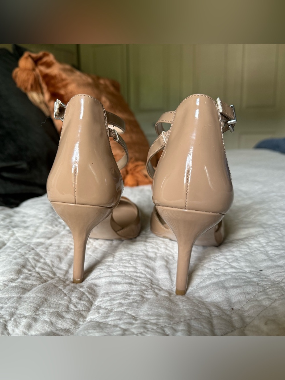 Jessica Simpson (Size 8) Nude Patent Strappy Ankle Buckle Pointy Toe Heels - Picture 4 of 5